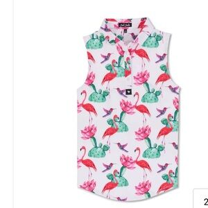 NEW CONDITION BAD BIRDIE SLEEVELESS POLO IN “FLOCK WITH ME” PATTERN. MEDIUM